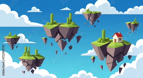 Floating islands in the sky with green grass and trees.