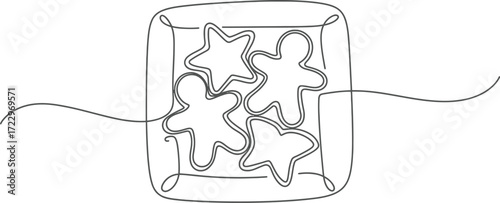 Whimsical line art illustration of gingerbread cookies in a square dish, evoking festive cheer