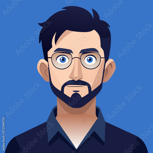 Illustrazione vettoriale moderna di uomo con barba, occhiali rotondi e capelli scuri su sfondo blu acceso
