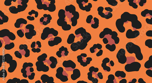 A vibrant orange background with a classic black and rust colored leopard print pattern covering the entire surface.