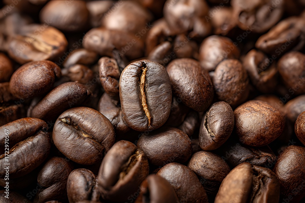 Fototapeta premium Close-up of roasted coffee beans showcasing rich texture, deep brown tones, and aromatic freshness