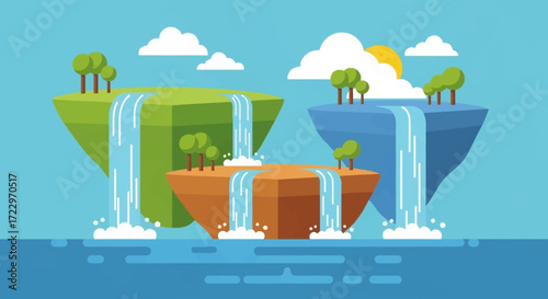 Floating Islands with Waterfalls and Lush Greenery.