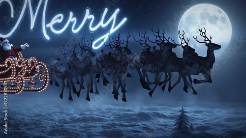 Christmas Eve greetings and a festive scene with Santa’s sleigh, Generative AI
