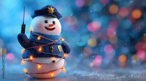 A snowman dressed as a police officer stands in a snowy environment. The snowman is adorned with colorful lights, creating a festive atmosphere.