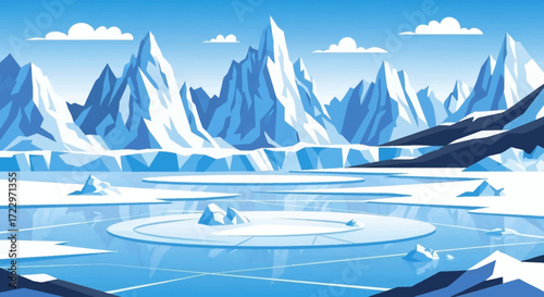 Frozen lake with ice floes and icebergs in a cold arctic landscape.