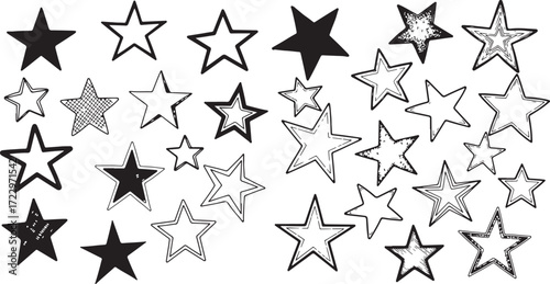 Hand-Drawn Black and White Stars in Various Artistic Styles
