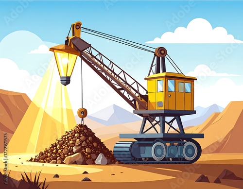 Mining crane illuminating a pile of ore