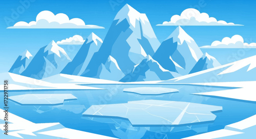 Frozen lake with ice floes and snow-capped mountains.