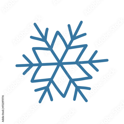 Simple hand drawn blue snowflake doodle with abstract, whimsical shape isolated on white. Clean and minimalist vector element for winter holidays, seasonal backgrounds, or Christmas designs.