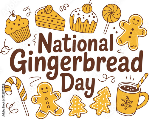 Festive celebration of National Gingerbread Day with sweet treats and hot chocolate.