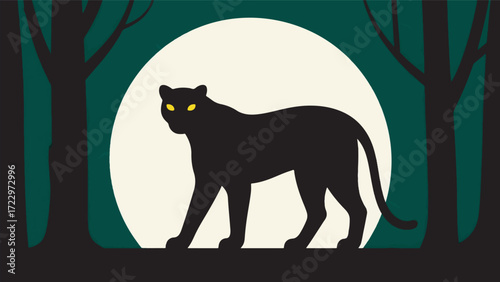 Illustration Of A Panther With Glowing Yellow Eyes In The Middle Of A Dark Forest With Moonlight Vector Design Template