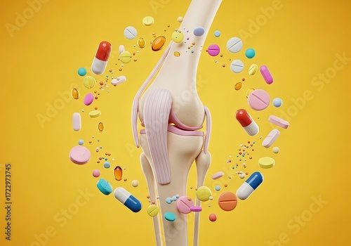 Knee joint surrounded by colorful pills and supplements on a yellow background, symbolizing bone health and treatment options