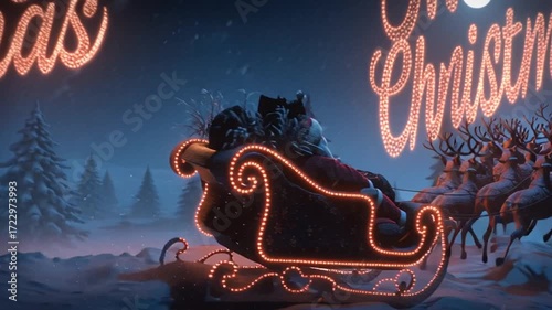 Christmas Eve greetings and a festive scene with Santa’s sleigh, Generative AI

