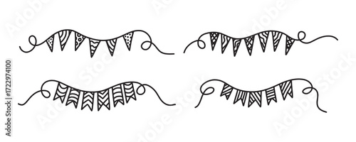 Bunting flags set. For festive design, decor, baby decorations. Set hand drawn doodle cute pennants party flags. Festive garland decorative elements for different holidays, parties, for Birthday.