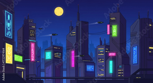 Futuristic city skyline with neon lights at night.