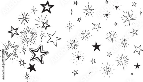 Hand-drawn Collection of Sparkling Stars and Twinkles on White Background