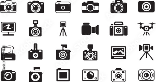 Collection of black and white camera and photography equipment icons device