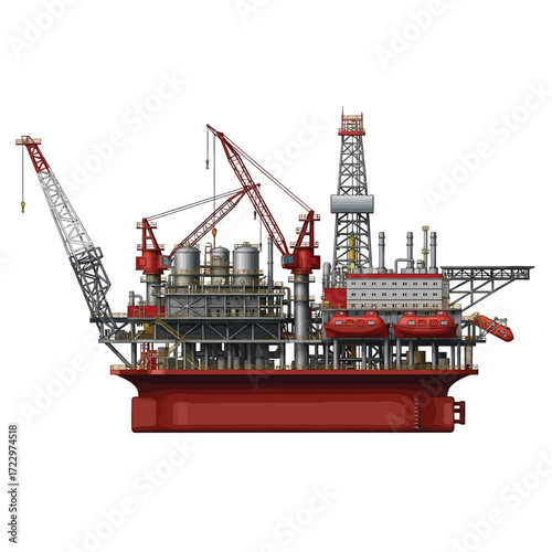 Detailed illustration of a large offshore oil platform, showcasing complex structures and equipment used for drilling and extracting petroleum and natural gas from the ocean floor