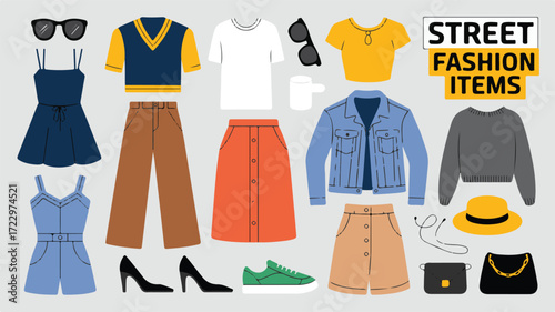 Flat Lay Collection of Street Fashion Clothing and Accessories on a Gray Background Keywords: street fashion, clothing, fashion items, apparel, accessories, style, outfit