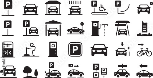 Collection of black and white vector icons representing parking and transportation elements sign