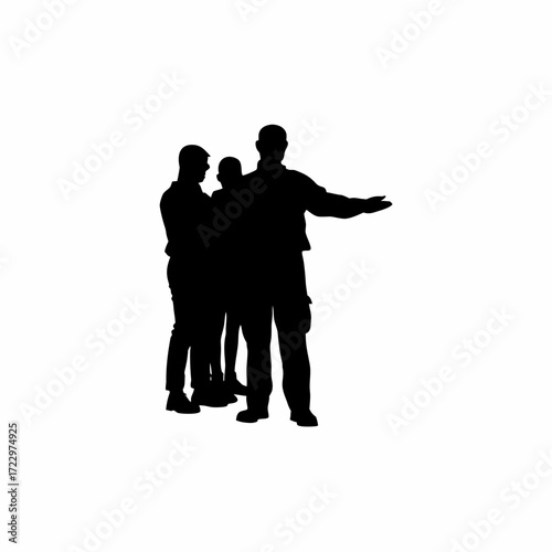 Silhouette of officer warning group about consequences of crime white background silhouette