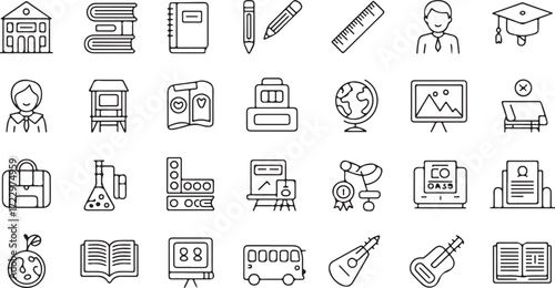 Collection of black line art icons representing school and education objects and symbols school building