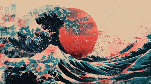 Crane and Japanese wave for T-shirt.Traditional Chinese wave and sunrise.Beautiful line art of nature for printing on shirt.Asian art for doodle and painting on background. Ai generation