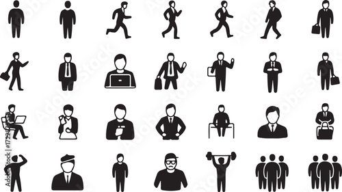 Collection of black silhouette icons depicting men in various poses and activities male person 1