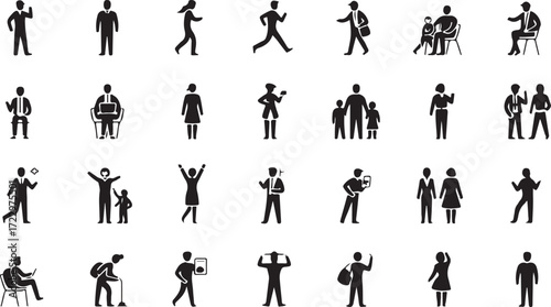 Collection of black silhouette icons depicting people in various poses and activities woman 1
