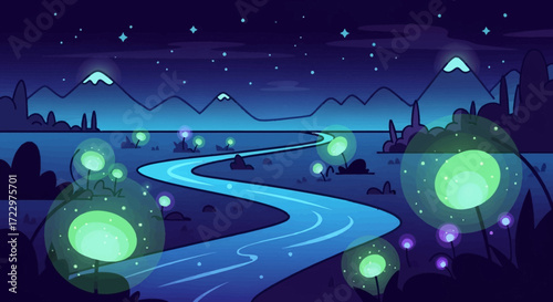 Glowing river winding through a mystical night landscape with luminous plants.