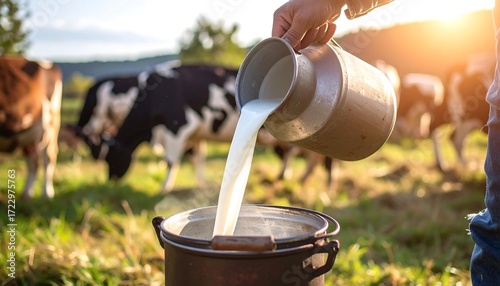 Milk being poured from a can into a pot outdoors