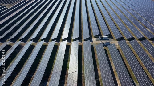 Aerial view to a solar panels in solar park near to Malko Tarnovo, Burgas, Bulgaria