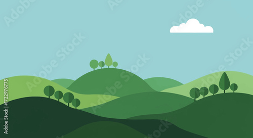 Green rolling hills and trees under a blue sky with a single cloud.
