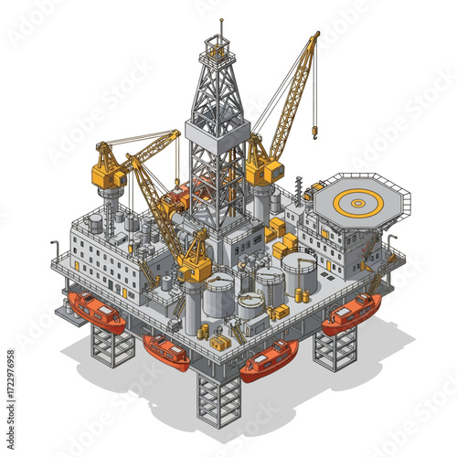 Detailed isometric vector illustration of an offshore oil rig, a sea-based gas extraction platform for the energy industry