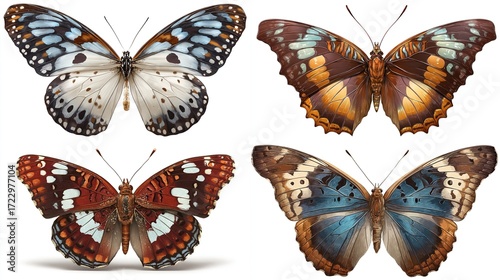 Four detailed illustrations of diverse butterflies, showcasing intricate wing patterns with variations in color, shape, and texture against a clean white background