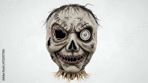 Spooky and terrifying haunted scarecrow head with a button eye and ragged texture, isolated on a plain white background, ideal for creepy horror and Halloween designs
