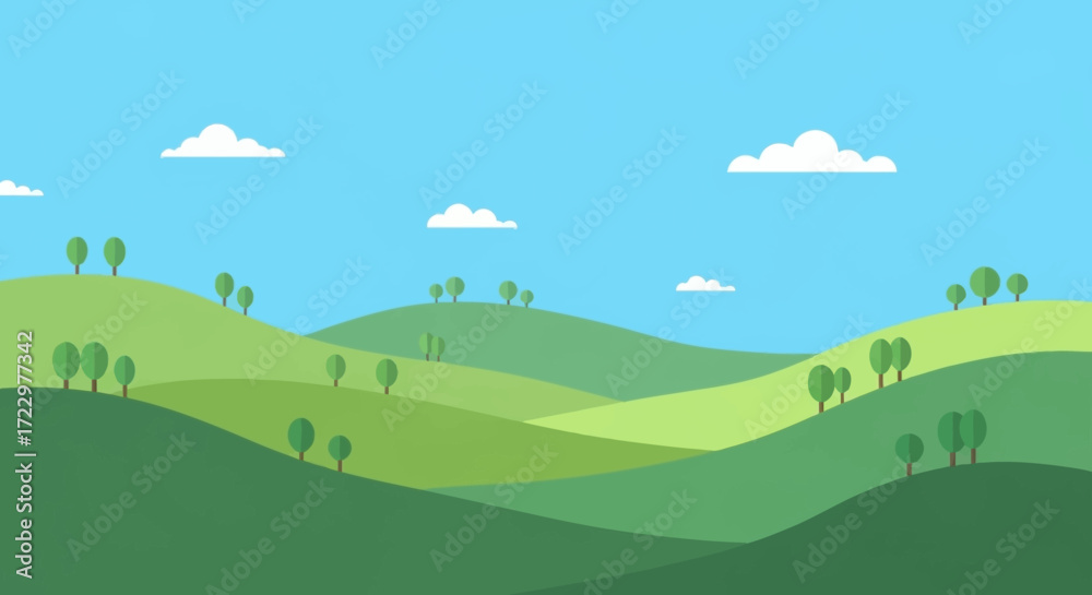 Fototapeta premium Green Rolling Hills Landscape with Trees and Blue Sky.
