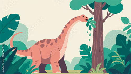 Illustration Of Brachiosaurus Stretching Its Long Neck To Eat Leaves On A Tall Tree Vector Design Template