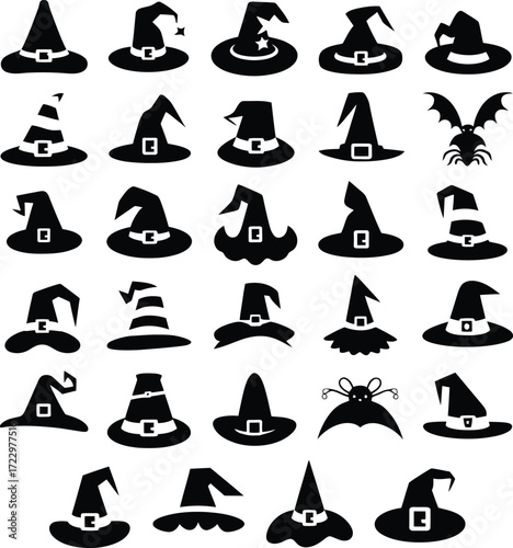 Vector art of a spooky collection of witch hat silhouettes, perfect for halloween designs, featuring various styles and shapes for a magical touch