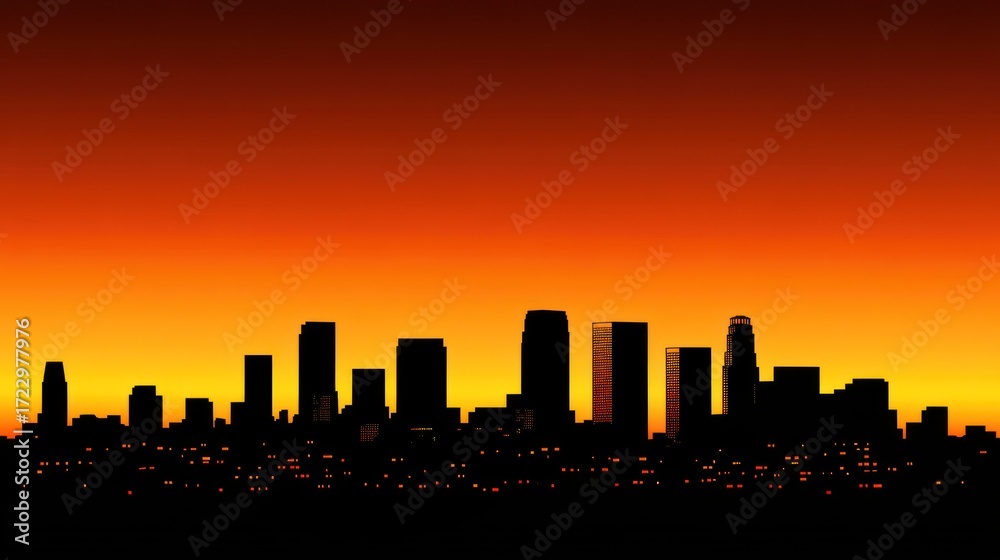 Naklejka premium Vibrant Cityscape Silhouette at Dusk, Urban Skyline Against a Fiery Sunset