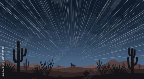 Lone coyote howling in the desert at night under a starry sky.