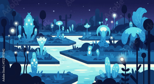 Luminous alien flora and glowing fungi in a fantastical otherworldly landscape.