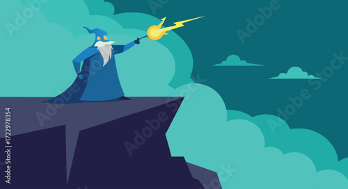 Mystical wizard on cliff with magical glow