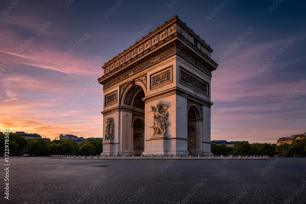 Obraz premium Sunrise at Arc de Triomphe with Beautiful Sky and Empty Road in Paris, France