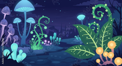Luminous fantasy plants and glowing mushrooms in a magical forest.