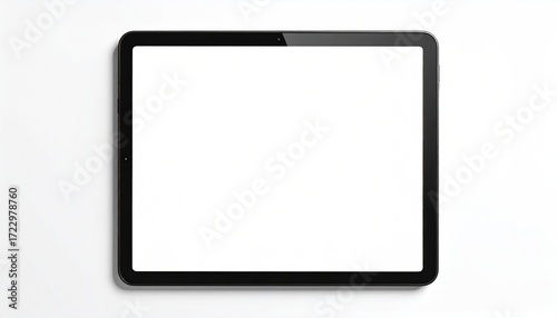 A dark-framed tablet with a blank white screen is set against a stark white background, casting a soft shadow and looking minimalist and clean