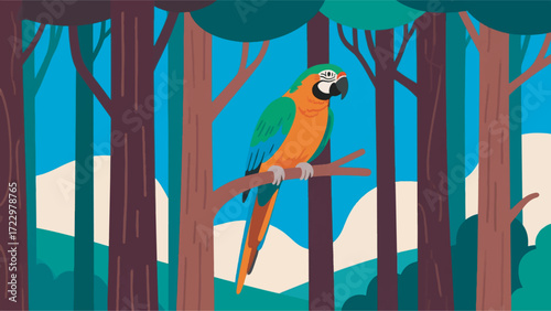 Illustration Of A Cockatoo Among Tall Trees Vector Design Template