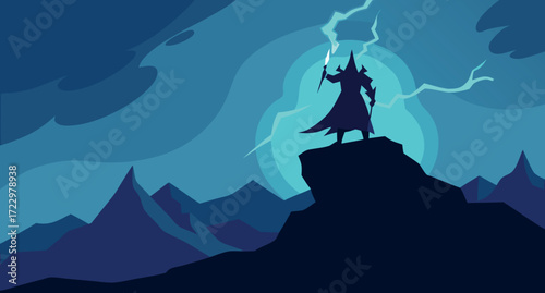 Mage silhouette summoning lightning storm