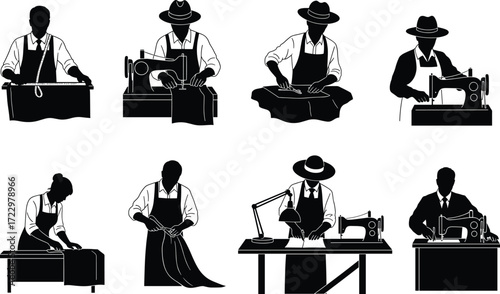 Tailor silhouette sewing fabric, vintage machine illustration, garment making process, black vector icons, fashion design, isolated craft workers