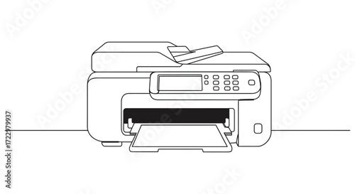 Simple black and white outline drawing of a home office printer silhouette